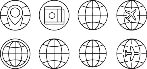 Poster - Worldwide Global Icons with Passport Globe and Pin Solid Black Vector Set