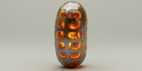 Poster - Abstract metallic capsule with fiery interior. AI.