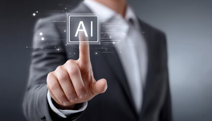 Poster - Artificial intelligence concept with businessman pressing AI button for big data and healthcare innovation