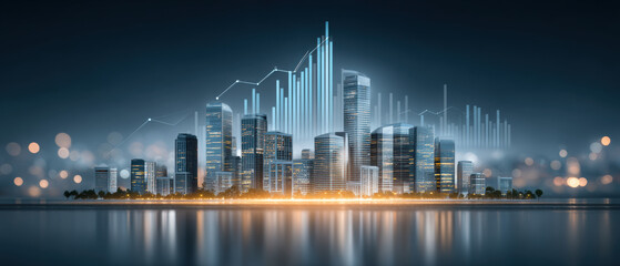Poster - Big data visualization overlays modern city skyline at night reflecting on water, symbolizing healthcare analytics and urban technology innovation