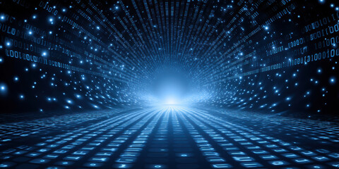 Poster - Big data visualization with glowing binary code futuristic tunnel representing healthcare technology and digital information flow dynamic space