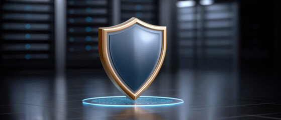 Poster - Big shield symbolizing protection stands in futuristic data center highlighting healthcare security and big data safety in digital world