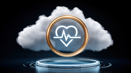 Poster - healthcare big data concept with heart rate icon in glowing circle and cloud shape on dark backgroun