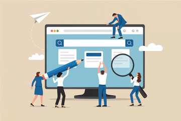 Vector cartoon illustration of people building a website on a computer screen isolated on transparent background