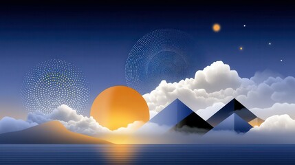 Poster - A serene sunset over stylized pyramids and clouds, capturing a tranquil evening scene.