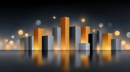 Poster - Abstract geometric cityscape with orange and silver elements on a dark reflective surface.