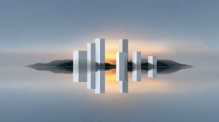 Poster - Abstract landscape with white pillars reflecting in calm water at sunset.