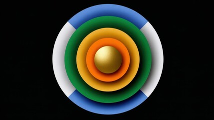 Poster - Colorful abstract layers with a golden sphere at the center on a black background.