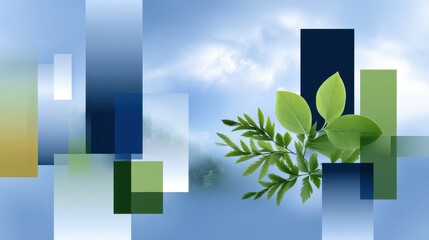 Poster - Abstract design featuring green leaves against a soft blue background with geometric shapes.