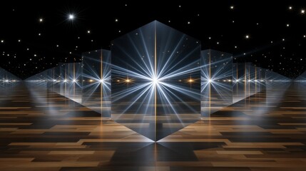 Poster - Futuristic geometric scene with hexagonal mirrors reflecting light beams in a starry ambiance.