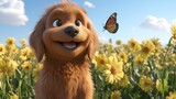 Adorable cartoon dog in a field of flowers with a butterfly