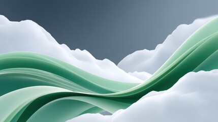 Poster - Abstract green waves flowing through soft white clouds in a serene sky.