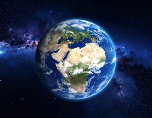 realistic earth floating in deep space with nebula galaxy background, cinematic light, high detail