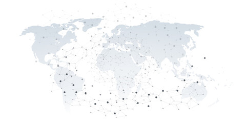 Poster - A conceptual vector graphic creative design showing a world map overlaid with a network of interconnected nodes and lines, representing global communication, data flow or digital interconnectedness.