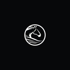 Poster - Elegance equine symbol in white silhouette on black backdrop, vector