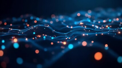 Poster - Abstract digital waves of data with glowing dots in blue and orange colors
