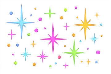 Poster - Colorful four-pointed stars of various sizes with colorful dots scattered on a transparent background, creating a cheerful and festive atmosphere