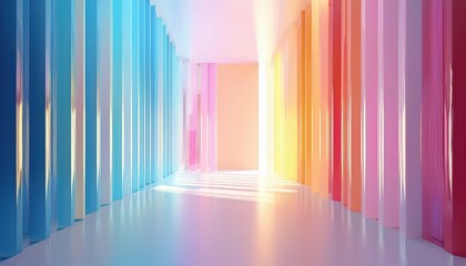 Poster -  colorful abstract hallway with glossy vertical panels in blue, pink, yellow, and red hues illuminated by soft light perfect for web or branding use
