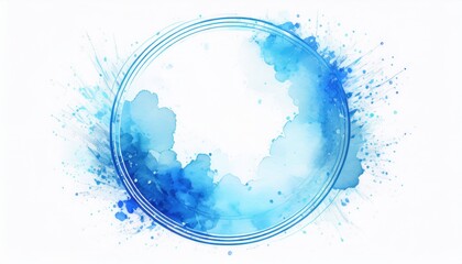 Poster -  abstract blue watercolor circle splash with dynamic paint strokes and ink textures on white background for branding, web header, poster or minimalist print design