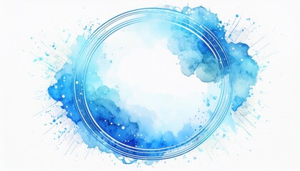 Poster -  abstract blue watercolor circle splash with dynamic paint strokes and ink textures on white background for branding, web header, poster or minimalist print design