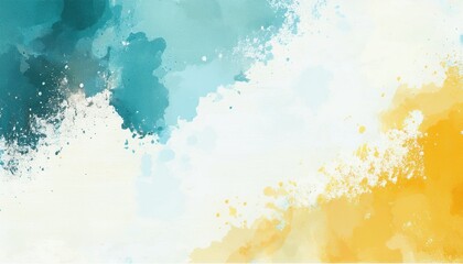 Poster - abstract watercolor splash with teal, turquoise, and golden yellow ink bursts on textured canvas background for web design, branding, poster, or packaging visual

