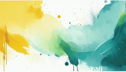 Poster - abstract watercolor fluid art with teal, green, and yellow gradients blending through soft brush textures and leaf outlines for minimalist branding, web design, product packaging, or poster background