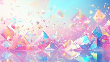 Poster - iridescent 3d crystal shards with holographic glow on pastel background for digital artwork, web design, poster, or branding element with futuristic elegance

