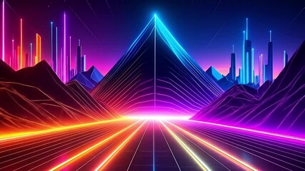 Poster - Futuristic Neon Pyramid Landscape with Glowing Grid Lines and City Skyline Backdrop