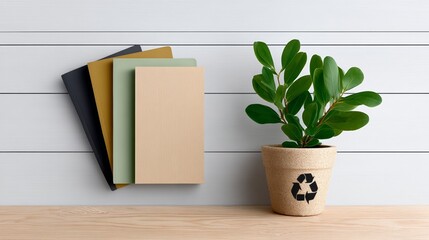 Poster - Potted plant sits on a wooden table next to a stack of books. The books are arranged in a pyramid shape, with the top book being the largest and the bottom book being the smallest