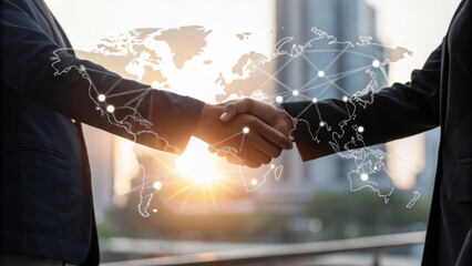 Poster - geopolitical trade talks concept. business handshake with a global network overlay at sunrise.
