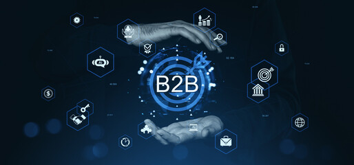 Poster - B2B business strategy concept with digital icons and human hands highlighting partnership and customer focus on dark futuristic background.
