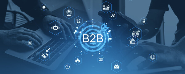 Poster - B2B partnership and customer collaboration concept with digital icons and business interaction on a blue background in modern tech graphic style.