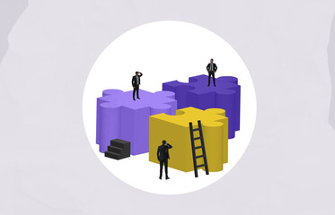 Poster - Businessmen with ladders and puzzle blocks representing teamwork