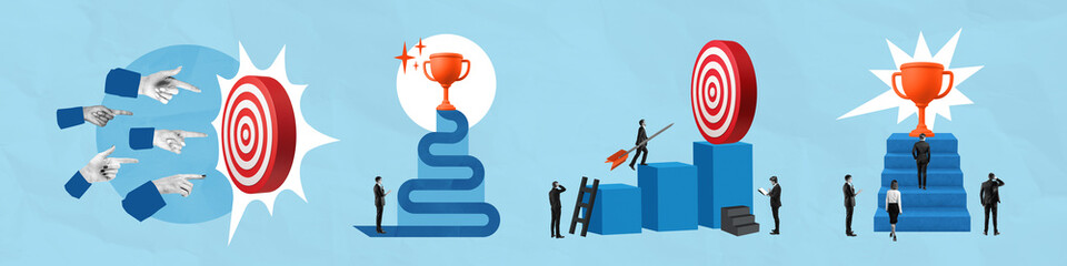 Poster - Businesspeople aiming at targets and climbing steps to success o