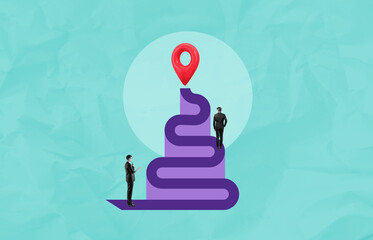 Poster - Two businessmen on winding purple path toward red map pin over b