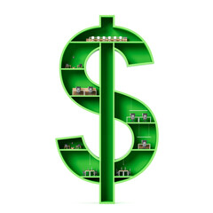 Poster - Cartoon green dollar sign shaped like an office building with mini workspaces and meeting rooms representing business and finance concept. 3D Rendering