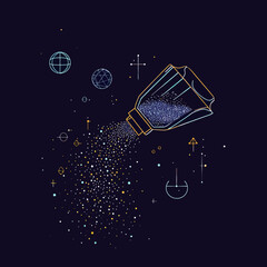 Poster - Salt shaker pouring cosmic salt particles with abstract planetary and star shapes in minimalist space universe vector design concept illustration