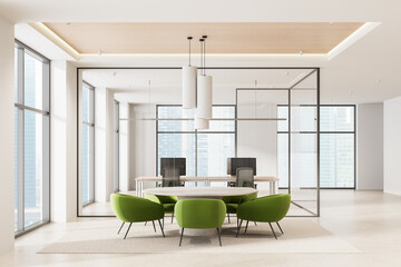 Poster - Modern office interior with green armchairs around a round table in front of glass-walled workspace in a high-rise building environment. 3D Rendering
