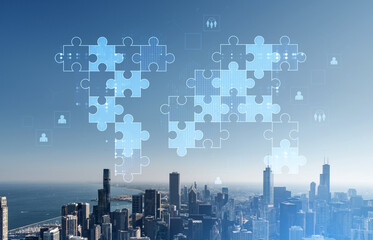 Aufkleber - Puzzle pieces forming teamwork and collaboration concept above Chicago skyline in USA with digital icons and global connection elements in blue tones.