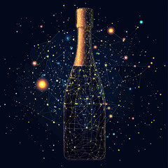 Poster - Abstract champagne bottle wireframe with glowing starry space background and connected network points in dark cosmic style vector illustration