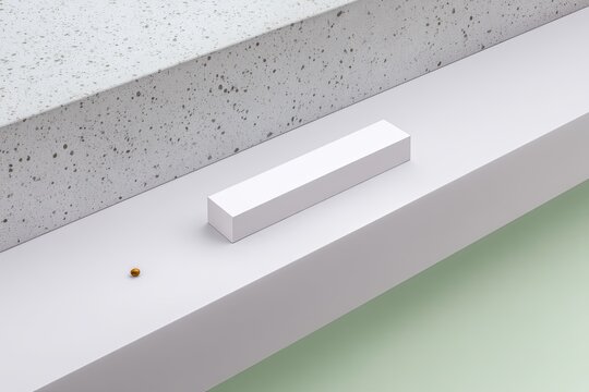 Abstract 3D Rendering of Geometric Shapes: White Cube and Brown Sphere on Pastel Green Background
