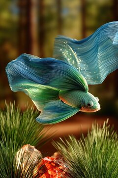 Blue and Green Cloth Fish Flying Through Crystal Forest