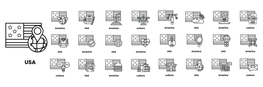 Set of illustrations in the concept of American flags and things in line art style