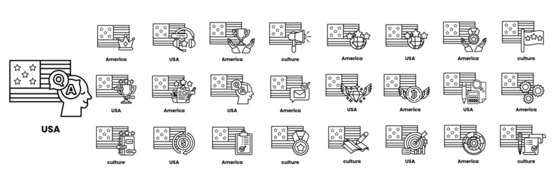 Set of illustrations in the concept of American flags and things in line art style