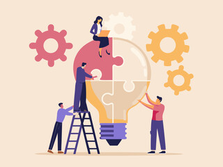Poster - Teamwork and Collaboration Building a Lightbulb Puzzle Idea Generation and Problem Solving Innovation and Creative Solutions Concept Illustration
