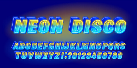 Aufkleber - Neon Disco alphabet font. 3D neon 80s style letters and numbers. Abstract polygonal background. Stock vector typeface for your design.