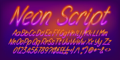 Aufkleber - Neon Script alphabet font. Bright neon script letters, numbers and symbols. Stock vector typescript for your design.
