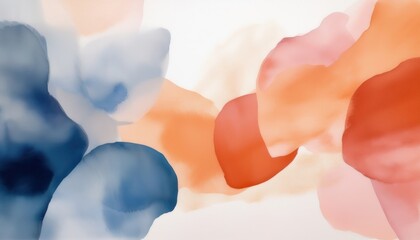 Poster - soft fluid abstract watercolor with overlapping coral orange, blush pink, and navy blue ink shapes for elegant branding, minimalist web design, or artistic print

