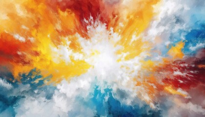 Aufkleber - explosive abstract cloudburst with fiery red, golden yellow, icy blue, and bright white brushstrokes for modern web design, branding, or print media

