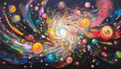 Poster - vibrant cosmic swirl with multicolor planets and galactic vortex in abstract oil painting style for web design, poster, branding, or tech background use

